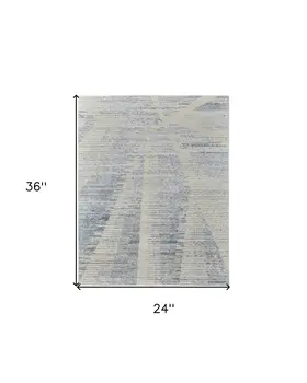 2' X 3' Ivory and Blue Abstract Hand Knotted Worn Faded Area Rug