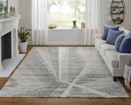 3' X 5' Ivory and Gray Abstract Hand Knotted Worn Faded Area Rug