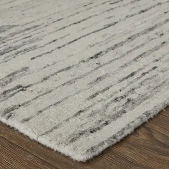 2' X 3' Ivory and Gray Abstract Hand Knotted Worn Faded Area Rug