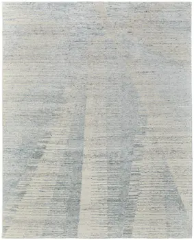 3' X 5' Ivory and Blue Abstract Hand Knotted Worn Faded Area Rug