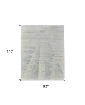 8' X 10' Ivory and Blue Abstract Hand Knotted Worn Faded Area Rug
