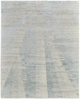 9' X 13' Ivory and Blue Abstract Hand Knotted Worn Faded Area Rug