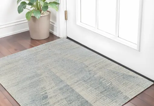 2' X 3' Ivory and Blue Abstract Hand Knotted Worn Faded Area Rug