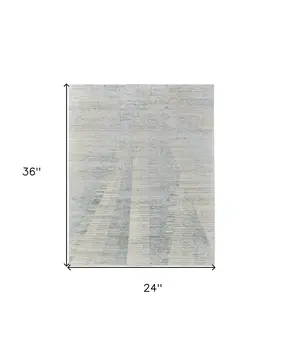 2' X 3' Ivory and Blue Abstract Hand Knotted Worn Faded Area Rug