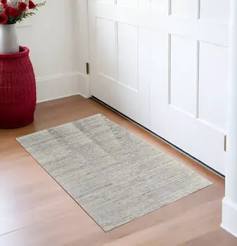 3' X 5' Ivory and Gray Abstract Hand Knotted Worn Faded Area Rug