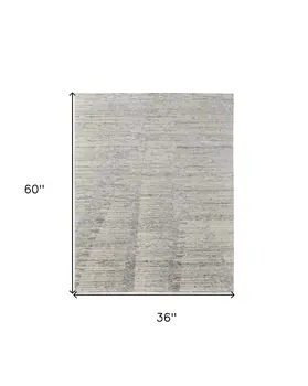 3' X 5' Ivory and Gray Abstract Hand Knotted Worn Faded Area Rug