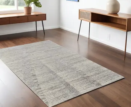 4' X 6' Ivory and Gray Abstract Hand Knotted Worn Faded Area Rug
