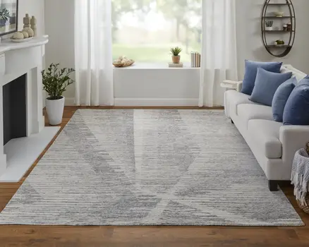 6' X 9' Ivory and Gray Abstract Hand Knotted Worn Faded Area Rug