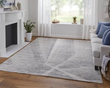 6' X 9' Ivory and Gray Abstract Hand Knotted Worn Faded Area Rug