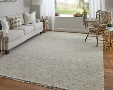 8' X 10' Ivory and Gray Wool Hand Knotted Area Rug With Fringe