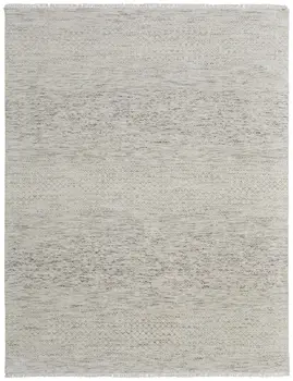 8' X 10' Ivory and Gray Wool Hand Knotted Area Rug With Fringe