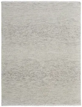 8' X 10' Ivory and Gray Wool Hand Knotted Area Rug With Fringe