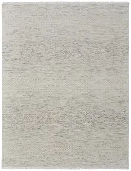 8' X 12' Ivory and Gray Wool Hand Knotted Area Rug With Fringe