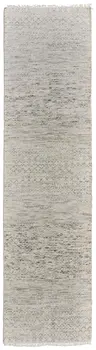 10' Ivory and Gray Wool Hand Knotted Runner Rug With Fringe