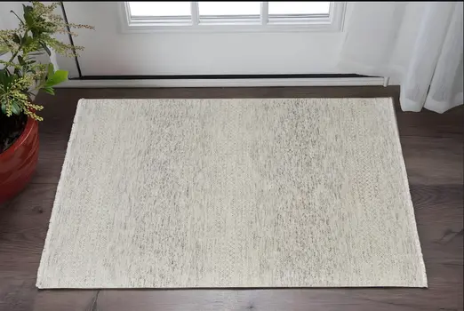 2' X 3' Ivory and Gray Wool Hand Knotted Area Rug With Fringe