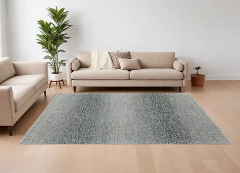 8' X 12' Ivory Blue and Brown Wool Hand Knotted Area Rug With Fringe