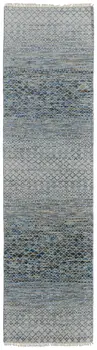 12' Ivory Blue and Brown Wool Hand Knotted Runner Rug With Fringe
