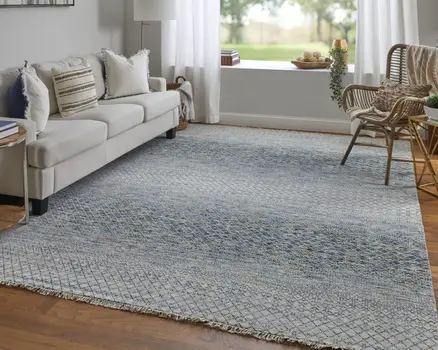 2' X 3' Ivory Blue and Brown Wool Hand Knotted Area Rug With Fringe
