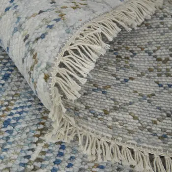 2' X 3' Ivory Blue and Brown Wool Hand Knotted Area Rug With Fringe