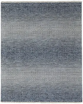 6' X 9' Ivory Gray and Blue Wool Hand Knotted Area Rug With Fringe