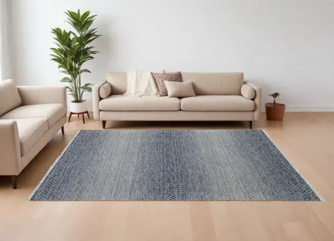 8' X 10' Ivory Gray and Blue Wool Hand Knotted Area Rug With Fringe