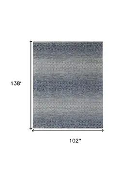 8' X 12' Ivory Gray and Blue Wool Hand Knotted Area Rug With Fringe