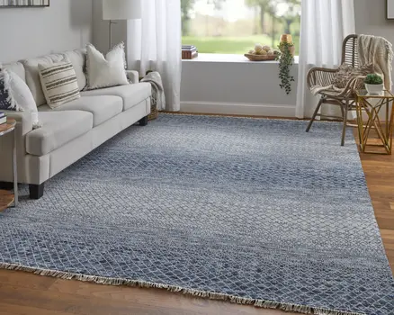 9' X 13' Ivory Gray and Blue Wool Hand Knotted Area Rug With Fringe
