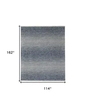 9' X 13' Ivory Gray and Blue Wool Hand Knotted Area Rug With Fringe