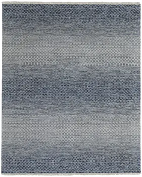 9' X 13' Ivory Gray and Blue Wool Hand Knotted Area Rug With Fringe