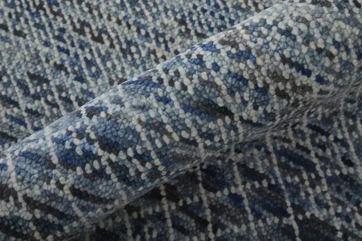 10' Ivory Gray and Blue Wool Hand Knotted Runner Rug With Fringe