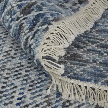 10' Ivory Gray and Blue Wool Hand Knotted Runner Rug With Fringe