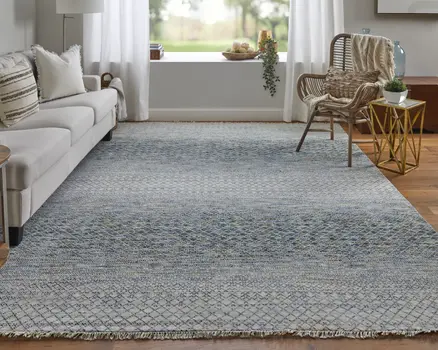 10' Ivory Gray and Blue Wool Hand Knotted Runner Rug With Fringe