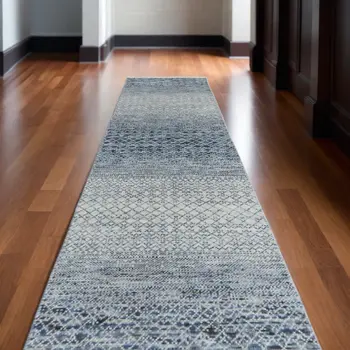 10' Ivory Gray and Blue Wool Hand Knotted Runner Rug With Fringe