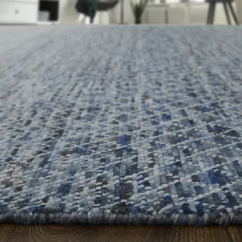 10' Ivory Gray and Blue Wool Hand Knotted Runner Rug With Fringe