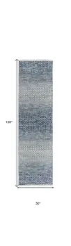 10' Ivory Gray and Blue Wool Hand Knotted Runner Rug With Fringe