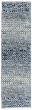10' Ivory Gray and Blue Wool Hand Knotted Runner Rug With Fringe