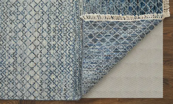 2' X 3' Ivory Gray and Blue Wool Hand Knotted Area Rug With Fringe
