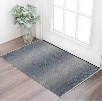2' X 3' Ivory Gray and Blue Wool Hand Knotted Area Rug With Fringe