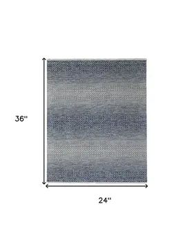 2' X 3' Ivory Gray and Blue Wool Hand Knotted Area Rug With Fringe