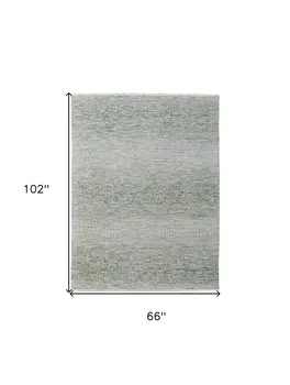 6' X 9' Ivory and Green Wool Hand Knotted Area Rug With Fringe