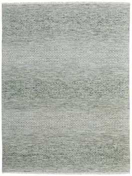 9' X 13' Ivory and Green Wool Hand Knotted Area Rug With Fringe