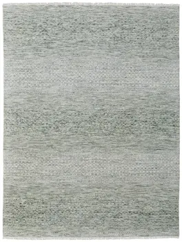 9' X 13' Ivory and Green Wool Hand Knotted Area Rug With Fringe