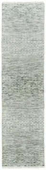 10' Ivory and Green Wool Hand Knotted Runner Rug With Fringe