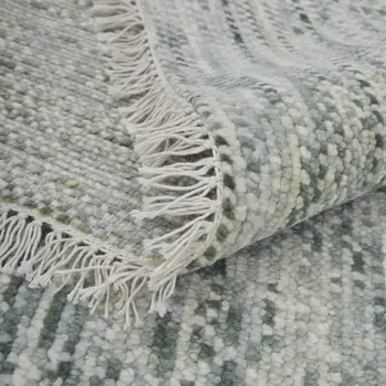 10' Ivory and Green Wool Hand Knotted Runner Rug With Fringe