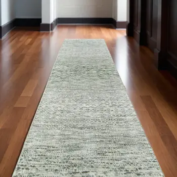 10' Ivory and Green Wool Hand Knotted Runner Rug With Fringe
