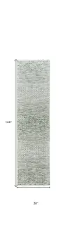 12' Ivory and Green Wool Hand Knotted Runner Rug With Fringe