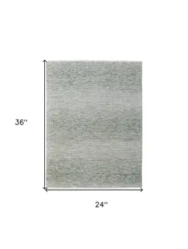 2' X 3' Ivory and Green Wool Hand Knotted Area Rug With Fringe