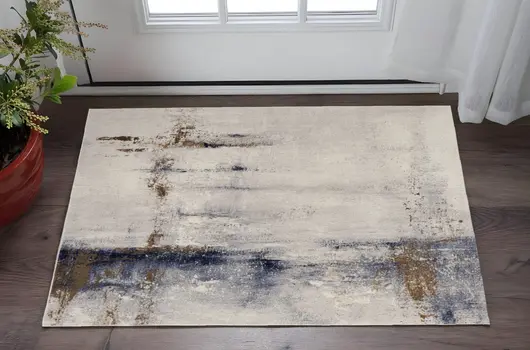 2' X 3' Ivory Blue and Brown Abstract Power Loom Area Rug