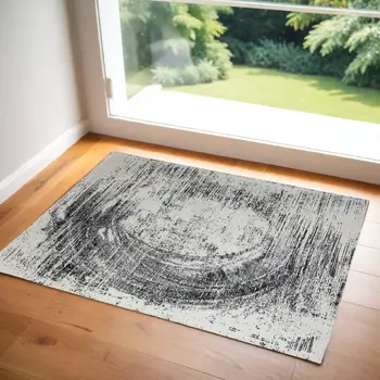 2' X 3' Black and Gray Abstract Hand Woven Area Rug