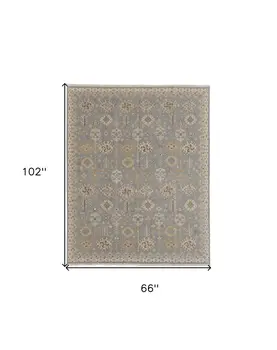 6' X 9' Gray and Ivory Wool Oriental Hand Knotted Area Rug With Fringe